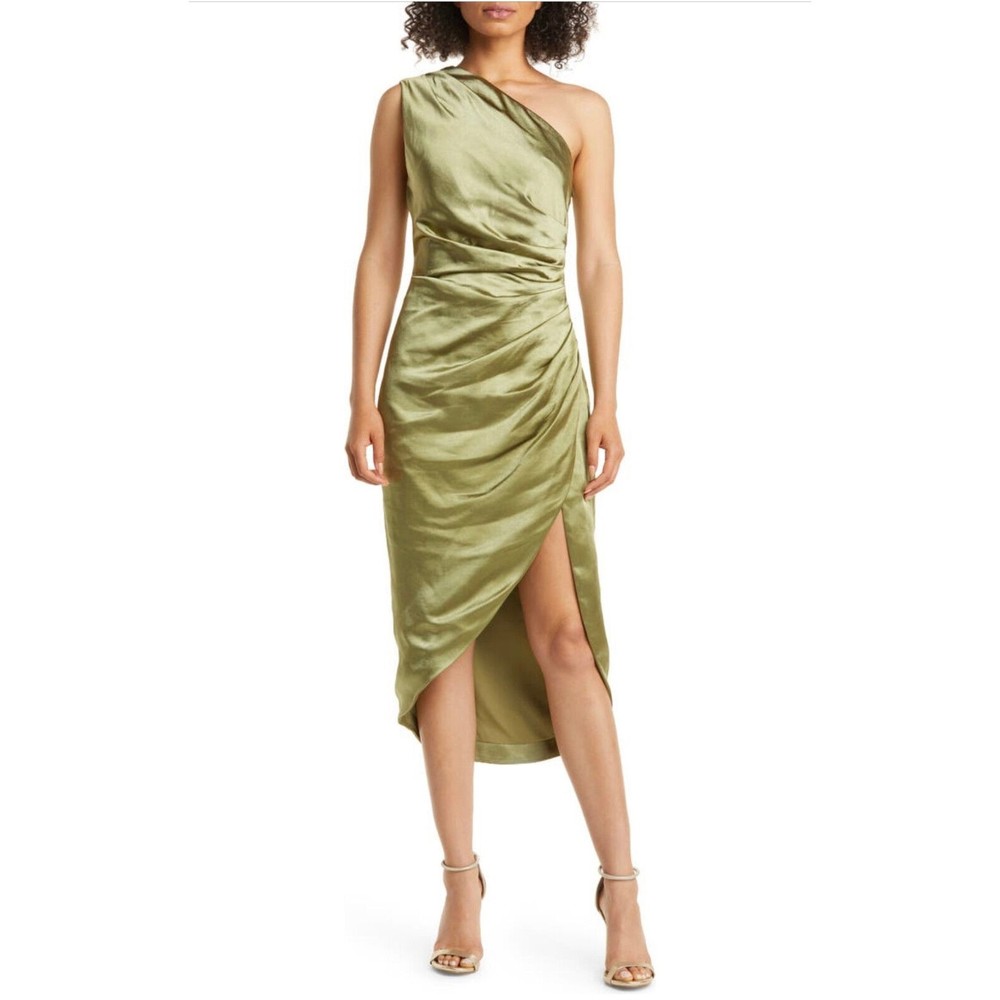 Elliatt Cassini One-Shoulder Midi Dress High Low Satiny Rippled Ruching Sz M